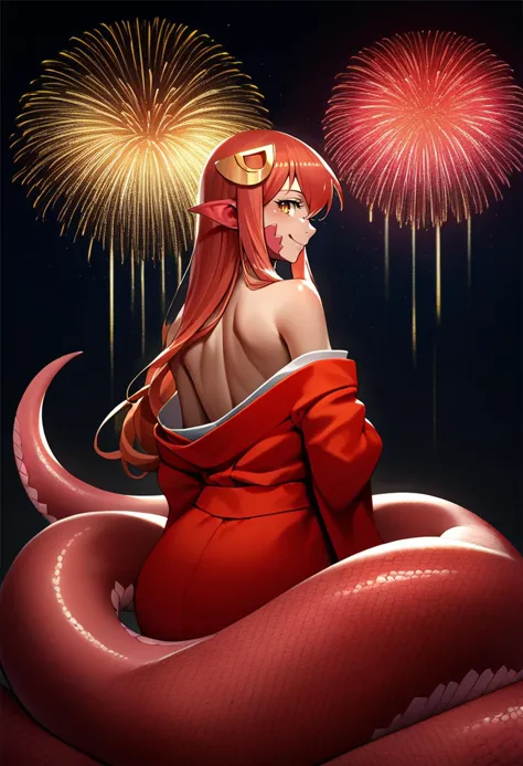 anime girl with red hair and a red dress sitting on a snake