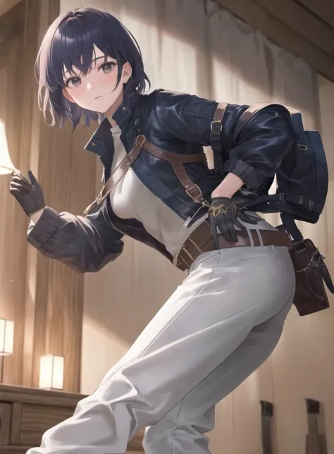 (((best quality))),(((Masterpiece))),1Girl,short hair,dark blue hair,emotionless,clothes,long pants,belts,multiple belts,cropped jackets,gloves,long size,center,hanging on hip,masterpiece,ultra realistic,32k,extremely detailed CG unity 8k wallpaper,