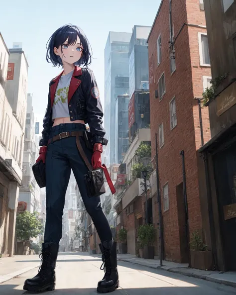 ((Masterpiece, best quality, extremely detailed hands, (perfect hand), (extremely detailed eyes),  extremely detailed body)), 1girl, half close eyes, short hair, (dark blue hair, red colored inner hair), emotionless, clothes, long pants, combat boots, belts, multiple belts, (dark blue cropped jackets), gloves, long size, center, hanging on hip, looking up, BREAK walking, background (detailed background), outdoor, [city:: future city: 0.5],