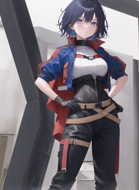 (((best quality))),(((Masterpiece))),(((Extreme detailed eyes))),1Girl,short hair,dark blue hair,emotionless,clothes,long pants,belts,multiple belts,cropped jackets,gloves,long size,center,one hand hanging on hip,