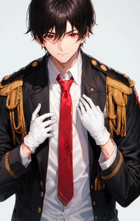 1boy, adjusting_clothes, bangs, black_hair, black_jacket, brown_hair, buttons, closed_mouth, eyebrows_visible_through_hair, gloves, hand_on_own_chest, jacket, long_sleeves, looking_at_viewer, male_focus, military, military_uniform, necktie, red_eyes, shirt, simple_background, solo, uniform, upper_body, white_background, white_gloves <lora:style_shirabii:1>