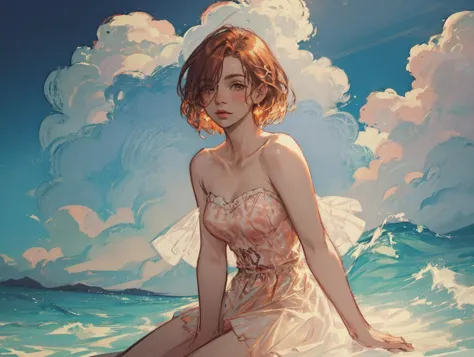 a girl sitting on cloud,surreal,sky,(cloud:1.3),white cloud in background,detailed face depiction,sea,ocean,wave,strong wind,
 <...