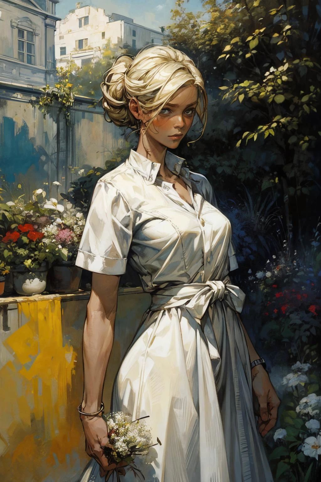 ผลงานชิ้นเอก, คุณภาพดีที่สุด, 
ผู้หญิงผมบลอนด์ 1 คน,ชุดเดรสสีขาว,สวน
 (ภาพถ่ายโดยอังเดร โคห์น, ฌอง-มิเชล บาสเกียต)

