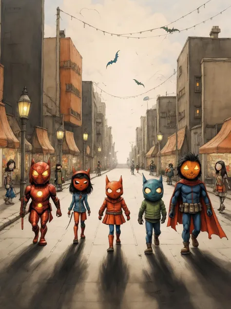 a group of cartoon characters walking down a street with a bird flying overhead