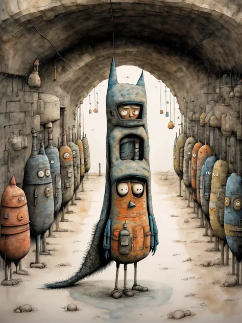 a painting of a group of robots standing in a tunnel