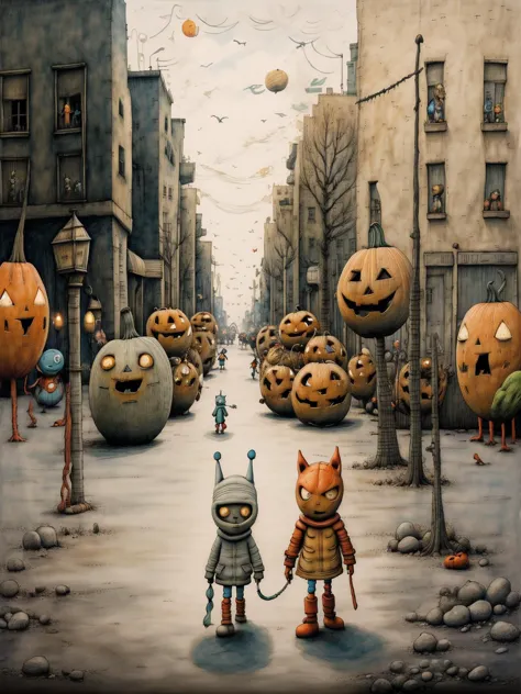 anime artwork <lora:add_detail:0.4> <lora:High Resolution:0.4> <lora:picture book:1.5> tonghuazhen, kids walking down the street on Halloween, all wearing costumes, masks, superheroes, cosplay as "The Avengers", dark, street lights, carved pumpkins . anime style, key visual, vibrant, studio anime, highly detailed