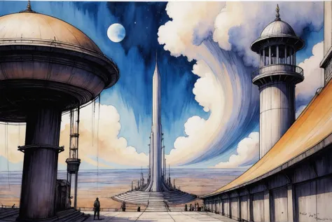 detailed dark watercolor sketch, noon, blue sky, clouds, architecture, "at the immemorial gas giant"<lora:envystarlightdarksketc...