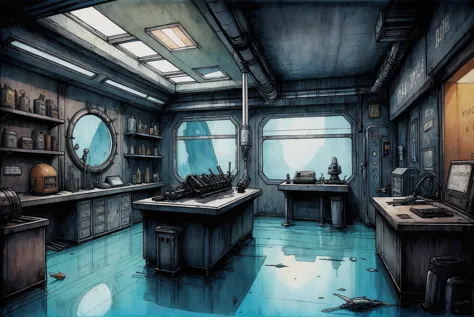 detailed dark watercolor sketch, Futuristic Weapon Shop \(room\) in a a cheerful scifi underwater megacity at the beginning of time, masterpiece<lora:EnvyStarlightDarkSketch01:1.25>