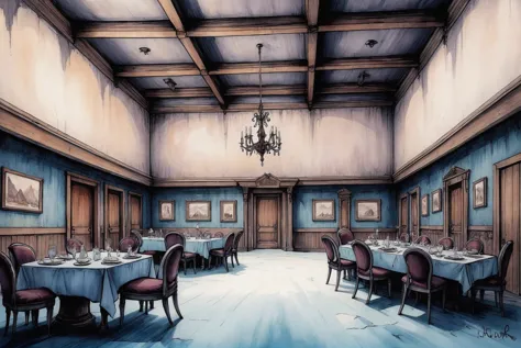 there is a drawing of a dining room with a chandelier