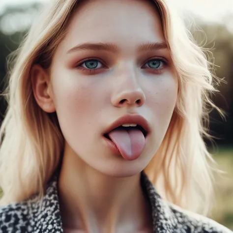lifelike textures, [detailed film fashion photography] of a girl fashion model sasha luss showing a tongue posing against sunlight, by alessio albi