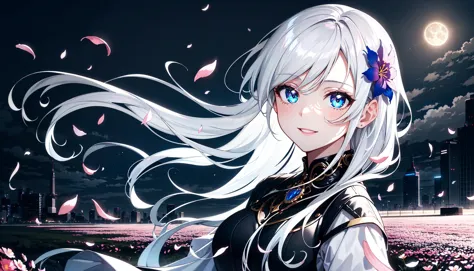 anime girl with long white hair and blue eyes sitting in a field