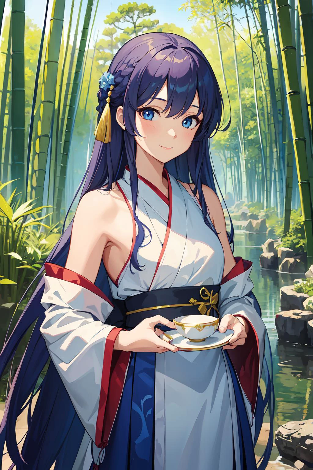 masterpiece, best quality, official art, 8k wallpaper, highly detailed, illustration, 1 girl, Azure hair, long hair, detailed eyes, forrest, bare shoulders, hanfu,lakes, pure, soft smile,bamboo,Tea