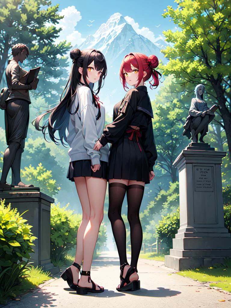 rcnz_niji style, ((masterpiece,best quality)),2girls, short skirt, black legwear, black ribbon, black hair, day, flower, hair bun, hair ribbon, long hair, looking at viewer, looking back, multiple girls, outdoors, red eyes, red hair, ribbon, sandals, single hair bun, standing, statue, trees, yellow eyes, mountains, hills, forest,