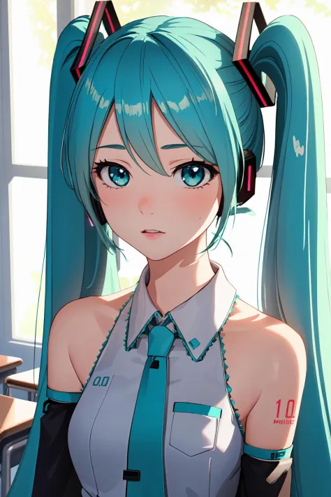 (best quality:1.4), highres, masterpiece, ultra detailed, realistic, 1girl, (hatsune miku:1.1), medium breasts, classroom, detai...