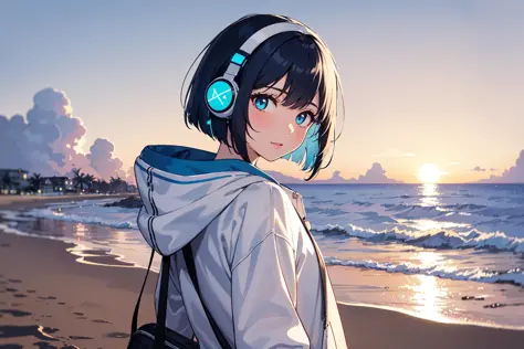 (masterpiece,finely detailed beautiful eyes: 1.2),(no lineart:1.2),1girl,backlighting,looking back,blue hair,bob cut,white hoodie,headphone,sky,sunset,beach,