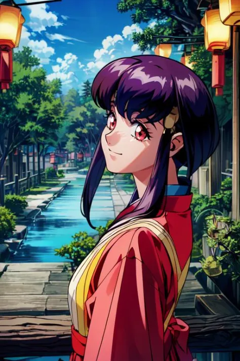 (masterpiece, best quality, highres, absurdres, ultra-detailed:1.2),<lora:AyekaMasakiJurai:0.7>(1girl, solo, ayeka, purple hair, red eyes, obi, japanese clothes, happy, from side, looking away:1.2), (tree of life, clouds, blue sky, cinematic, lanterns:1.4), <lora:add_detail_v1:0.75>