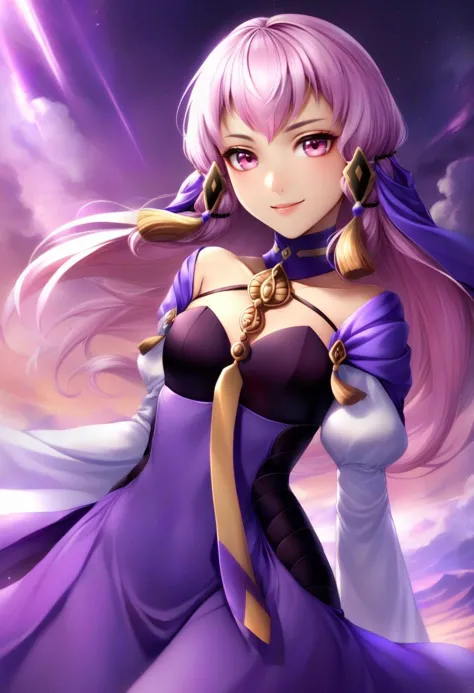 a woman in a purple dress with a sword in her hand