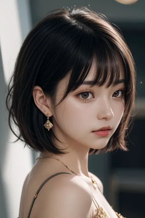 ((masterpiece, best quality)), intricate details, film grain, 1 girl, wavy hair, earrings, looking at viewer, portrait, close-up, bokeh, short hairï¼from side,