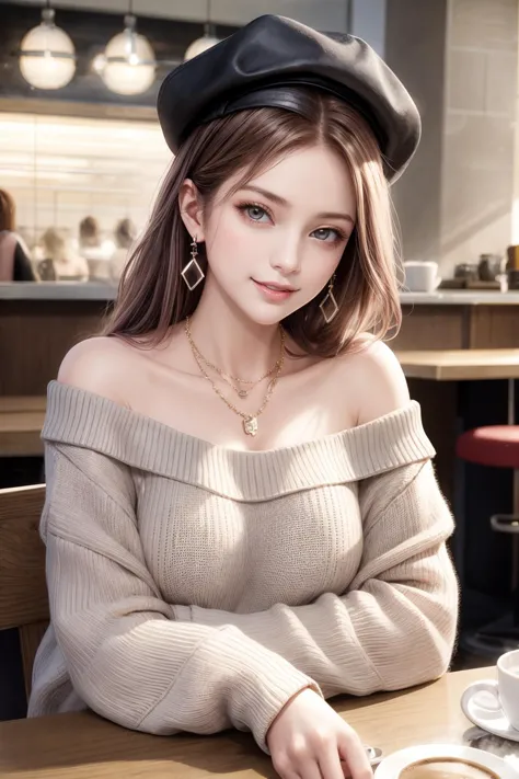 ((masterpiece, best quality)), 1 girl, sweater, off shoulder, fashion hat, earrings, necklace, sitting on chair, hands on wide table, looking at viewer, smile, upper body, pov, cafe, coffee, (crowd),