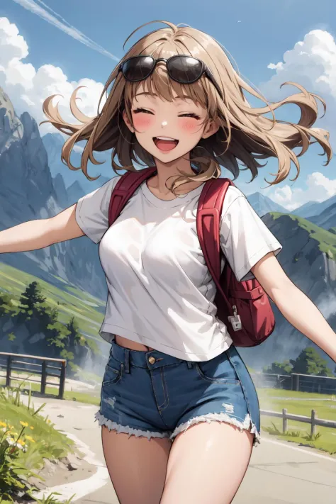 ((masterpiece, best quality)), 1 girl, light brown micro bangs, sunglasses on head, t-shirt, denim shorts, backpack, mountain, wind, laughing, closed eyes, outstretched arms,