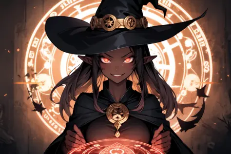 ((masterpiece, best quality)), 1 girl, dark skin, pointy ears, evil smirk, (glowing eyes, glowing body), witch, magic circle, up...