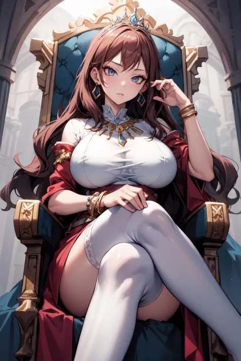 ((masterpiece, best quality)), 1 girl, (mature female), auburn long wavy hair, huge breasts, royal dress, jewelry, tiara, earrings, necklace, bracelet, thighhighs, expressionless, sitting on throne, on back, crossed legs, looking at viewer, from front, palace,