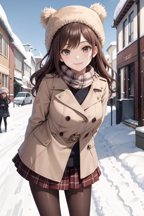 ((masterpiece, best quality)), 1 girl, brown wavy hair, fur hat, scarf, coat, plaid skirt, pantyhose, smile, closed mouth, arms ...