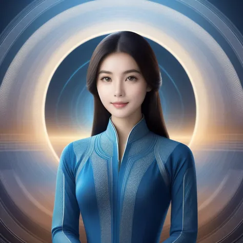 a close up of a woman in a blue suit with a circular background