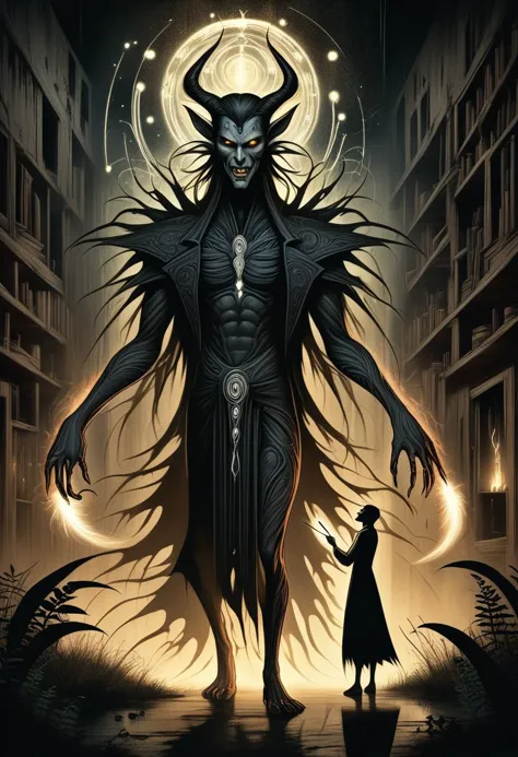 a man in a black coat standing next to a demon