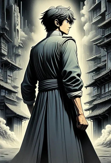 a man in a long robe standing in front of a tall building