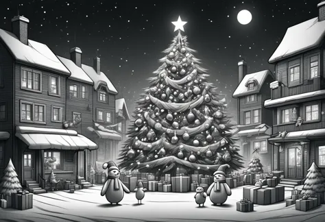 a black and white illustration of a christmas tree in a town