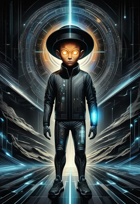 a man in a black suit and hat standing in a futuristic space