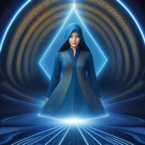 a woman in a blue robe standing in front of a blue light