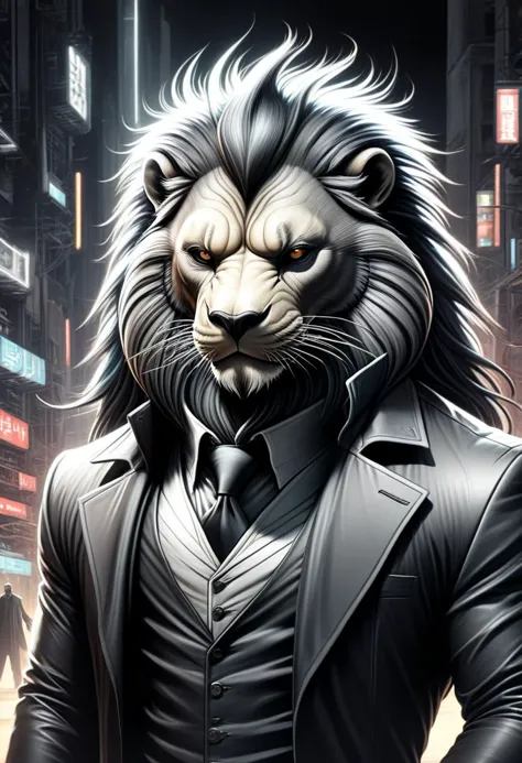 a close up of a lion in a suit and tie