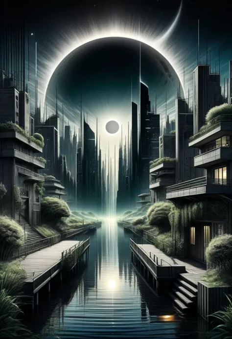 DonMN01rXL manga urban landscape, waterfront promenade,celestial body,solar eclipse,lush vegetation ,  <lora:DonMN01rXL-000008:0.8>