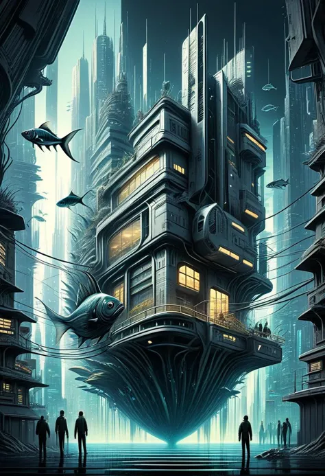 a poster of a futuristic city with a futuristic flying ship