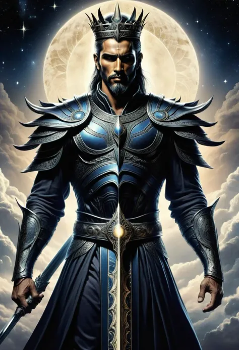 a man in armor holding a sword in front of a full moon