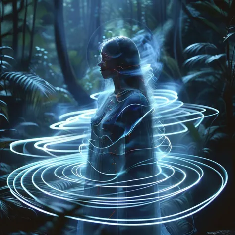 arafed image of a woman in a forest with a light painting