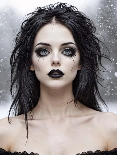 a woman with black makeup and black lipstick in the snow