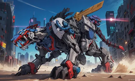 tgrzoid2024, blue mechanical tiger, 4 legs, robotic head, mecha, cybernetic, cyberpunk, armor, armored head, quadruped, best qua...