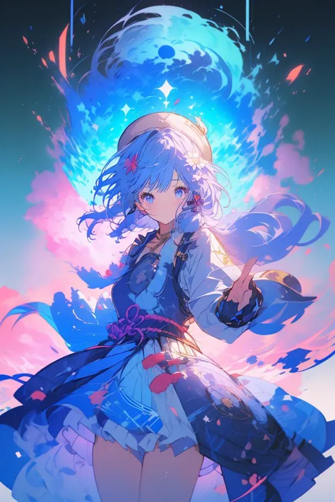 (Gorgeous Vector image:1.3) of (Sketched:1.3),(Peaceful:1.3) A photo of a girl, kamisato ayaka, 1girl,long hair,blue hair,ponytail,hair ribbon, hair ornament,mole under eye, blue eyes,breastplate,armor, short sleeves,japanese clothes,blue skirt, tassel,gloves, arm guards,, official alternate costume, 1girl,blue hair,short hair,hat,hair ornament,blue eyes,mole under eye,hair flower,jewelry, long sleeves, puffy sleeves, bow,sidelocks, braid,ribbon,blue dress,white pantyhose,(Flat style:1.3),Illustration,Behance,(Purple hue:1.3), shiny, shiny hair, shiny skin, shiny clothes