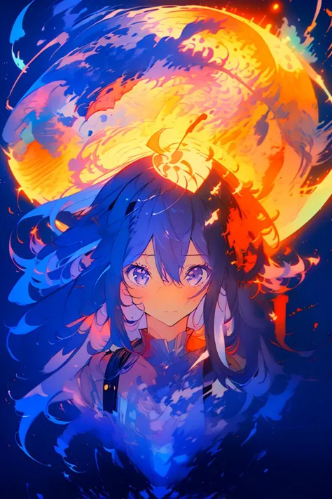 a woman with long hair and a blue dress is standing in front of a full moon