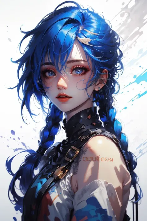 (Fragile Drawing:1.3) of (Ultrarealistic:1.3) A photo of a girl, <lora:JinxLol:0.85> jinxlol,(Cold Colors:1.3), shiny, shiny hair, shiny skin, shiny clothes, masterpiece, extreme details, detailed, focus, masterpiece, realistic, photorealistic, 4k, 8k, 16k, highres