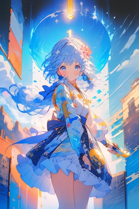 (Cognitive Painting:1.3) of (Graphic novel:1.3),(Satisfying:1.3) A photo of a girl, <lora:AyakaKamisato:0.8> kamisato ayaka, 1girl,long hair,blue hair,ponytail,hair ribbon, hair ornament,mole under eye, blue eyes,breastplate,armor, short sleeves,japanese clothes,blue skirt, tassel,gloves, arm guards,, official alternate costume, 1girl,blue hair,short hair,hat,hair ornament,blue eyes,mole under eye,hair flower,jewelry, long sleeves, puffy sleeves, bow,sidelocks, braid,ribbon,blue dress,white pantyhose,(Kodak Portra:1.3), shiny, shiny hair, shiny skin, shiny clothes