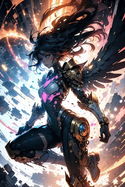 (Feminine Painting:1.3) of (Simple illustration:1.3) <lora:wrenchsmechs:0.8> wrenchsmechs, glowing, <your_color> mecha, halo, mechanical wings, futuristic armored female warrior leaping skyward, taking flight,  dynamic lighting and vibrant colors, energetic background suggesting movement and energy, sci-fi and cybernetic themes, advanced technology, detailed and intricate armor, cinematic and epic, octane colors, digital art, trending on ArtStation