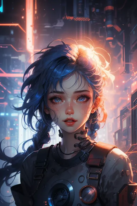 a woman with blue hair and a futuristic outfit stands in front of a city