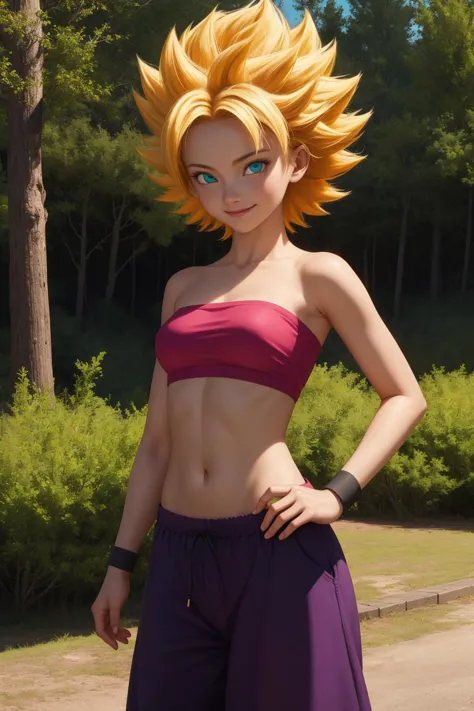 cauliflassj, 1fille, seulement, yeux aqua, cheveux blond, cheveux pointus, Beaucoup de cheveux, super saiyan,
Épaules nues, diaphragme, haut punk, haut court, sans bretelles, Haut tubulaire, Bandeau, pantalon violet, pantalon baggy, Pantalon bouffant, bracelet noir, 
sourire,bouche fermée,tir de cow-boy,
forêt,Extérieur,
(Incroyablement détaillé, beau visage détaillé, chef-d&#39;œuvre, Meilleure qualité) Éclairage cinématographique,