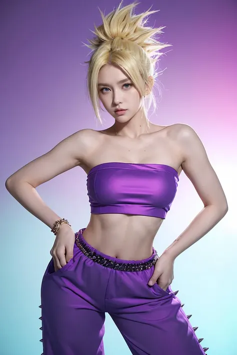 (masterpiece, best quality), 1girl,   <lora:DBS_CauliflaSSJ_v1:1> cauliflassj, 1girl, solo, aqua eyes, blonde hair, spiked hair, big hair, super saiyan, bare shoulders, midriff, pnk top, crop top, strapless, tube top, bandeau, purple pants, baggy pants, puffy pants, black wristband,