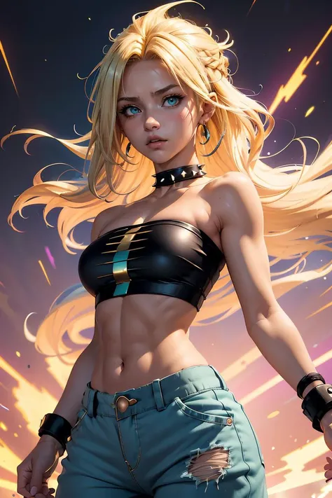 (masterpiece, best quality), 1girl,   <lora:DBS_CauliflaSSJ_v1:1> cauliflassj, 1girl, solo, aqua eyes, blonde hair, spiked hair, big hair, super saiyan, bare shoulders, midriff, pnk top, crop top, strapless, tube top, bandeau, purple pants, baggy pants, puffy pants, black wristband,