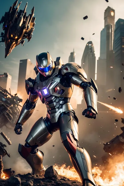 armor,1boy,city,A highly destructive heavy-duty mecha,Parts spray energy rays,Battle Stance,Dynamic pose,Attacked by shells,The sky was filled with fragments of artillery shells,Damaged mechanical components,vibrant details,beautiful background, octane ren...
